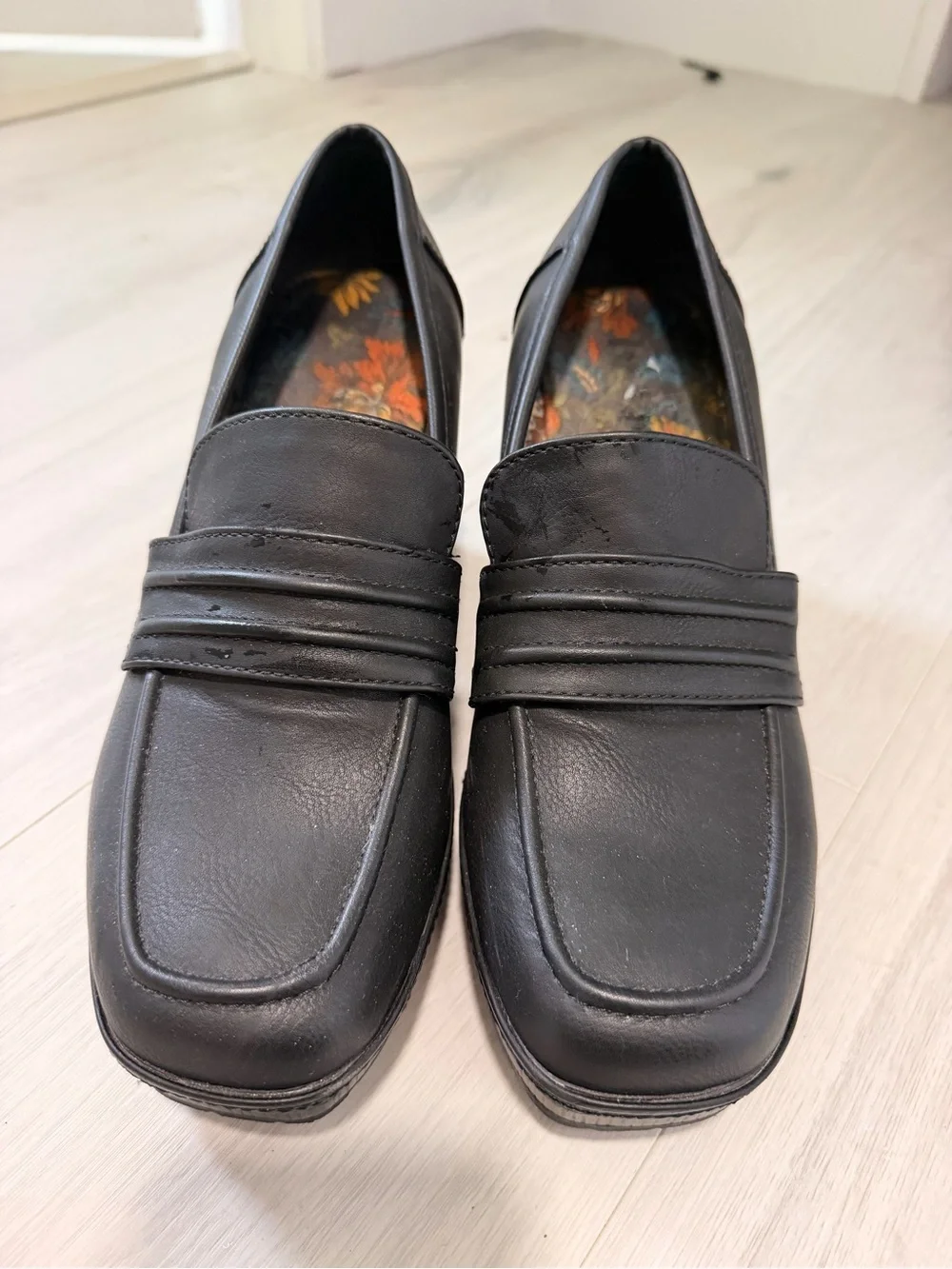 Black Platform Leather Loafer Heels - Women's